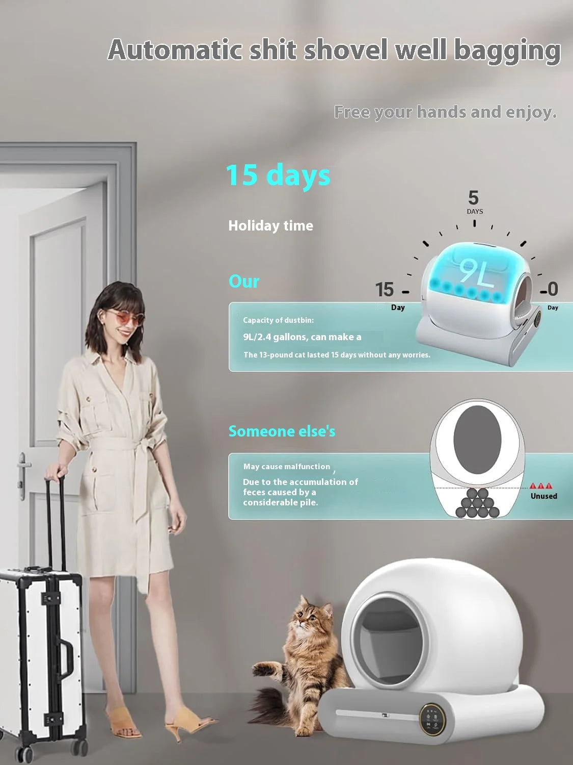 Extra Large One-Click Automatic Smart Cat Litter Box Durable PP Plastic with Fresh Air Poop Scoop Fully Automatic Cat Toilet