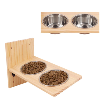 4 Pieces Wooden Wall Mounted Cat Bowl with Small Cat Jumping Pedal for Kitten Climbing and Eating Indoor Pet Furniture