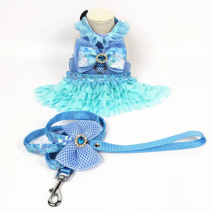 Dog Bow Dress Harness Leash Set for Small Medium Dogs Breathable Mesh Pet Tulle Skirt with Sequins Luxury Design Dog Clothes