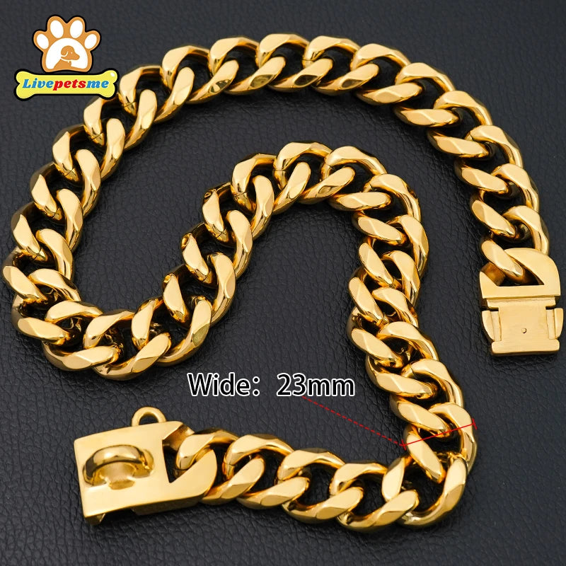 Stainless Steel 23mm Gold Dog Chain Collar Chew Proof Pet Chains Cuban Link Large Dog Collars