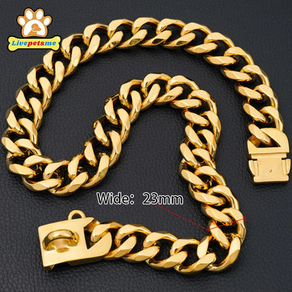 Stainless Steel 23mm Gold Dog Chain Collar Chew Proof Pet Chains Cuban Link Large Dog Collars
