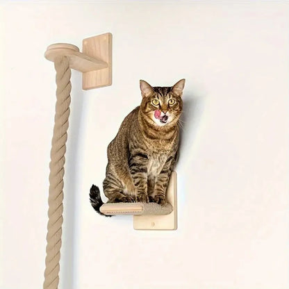 Wall Mounted Cat Tree Climbing Rope Wooden Cat Climbing Shelf with Sisal Rope Kitten Training Claw Grinding Indoor Cat Furniture