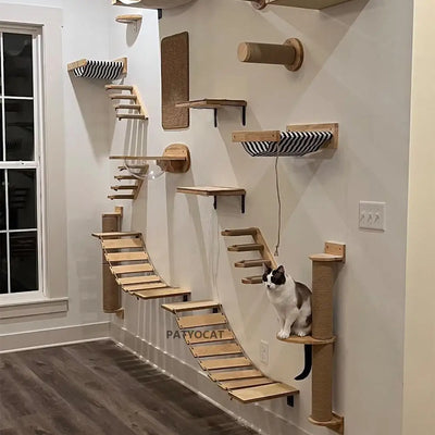 1PC Wall Mounted Cat Climbing Shelf Cat Sisal Wooden Ladder Bridge with Hammock and Jumping Platform for Kitten Playing and Rest