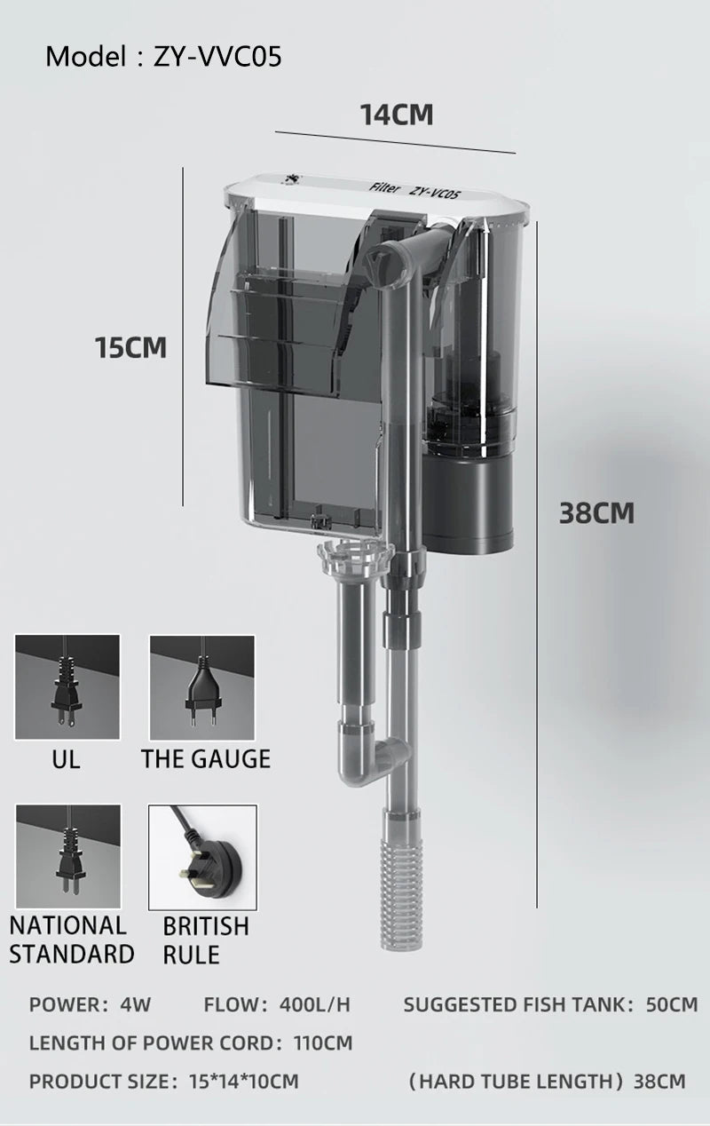 Thin External Hang On waterfall filter aquarium silent filter pump 220~240V interface filter water pump Three in one oxygen pump