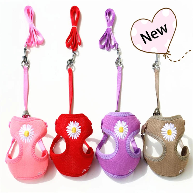 Nylon Dog Harness and Leash Set for Small Medium Dogs, Adjustable Daisy Embroidery Puppy Mesh Vest Harness Pet Accessories