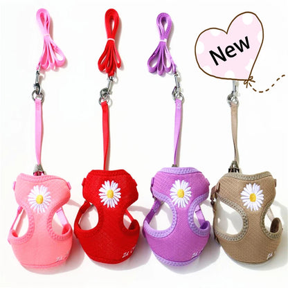 Nylon Dog Harness and Leash Set for Small Medium Dogs, Adjustable Daisy Embroidery Puppy Mesh Vest Harness Pet Accessories