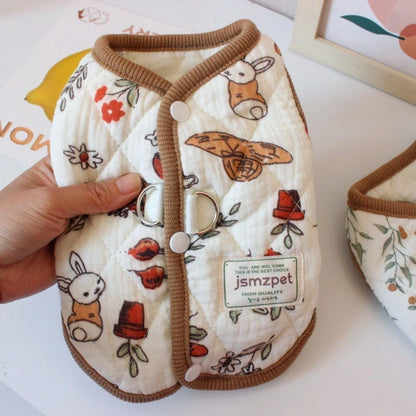 Sleeveless Thick Coat for Dogs Cartoon Animal Print Puppy Clothing Pure Cotton Cat Winter Clothes Outdoor Walking Leash Overalls