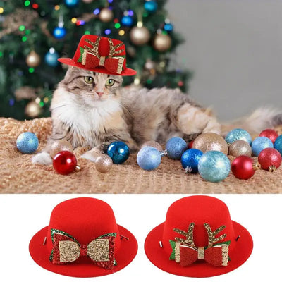 Red Pet Hats For Christmas Dog Hats Bow Tie Christmas Deer Pattern Pet Hats Soft Cute Christmas Ornaments Adjustable Pet Costume