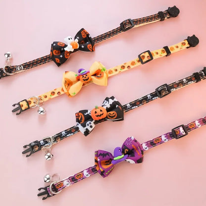 Bow Knot Halloween Pet Dog Collar Pumpkin Witch Hat Adjustable Neck Accessories for Cats Safety Buckle Decorate Pet Necklace