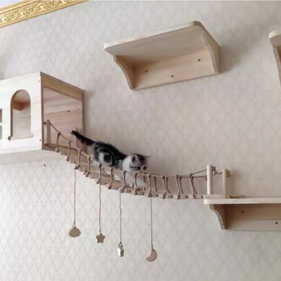 Cat Climbing Shelves Wall Mounted Cat House Wooden Cat Furniture Bridge with Protection Network for Cat & Kitten Ladders & Steps