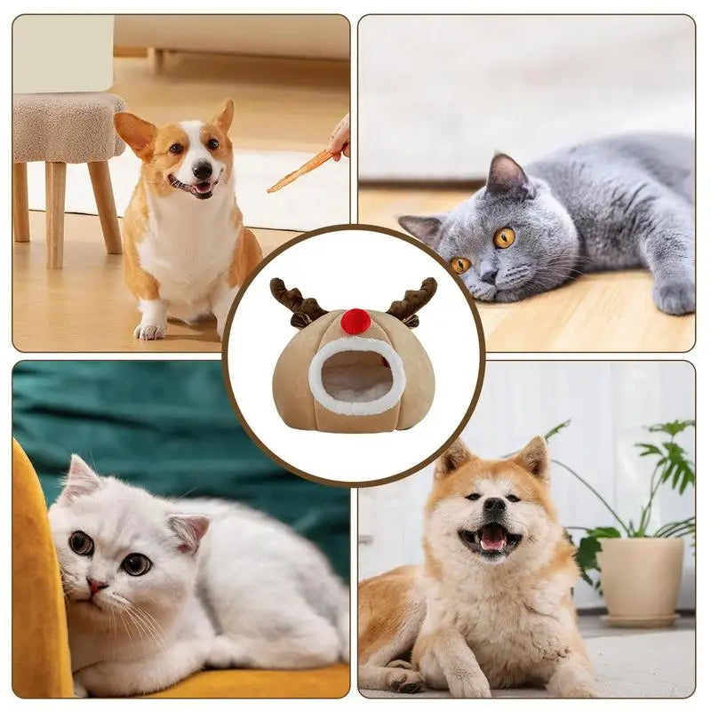 Christmas Winter Cat Cave Bed Dog Tent Christmas Reindeer Tent Washable Removable Cushion for Indoor Small Dogs And Cats