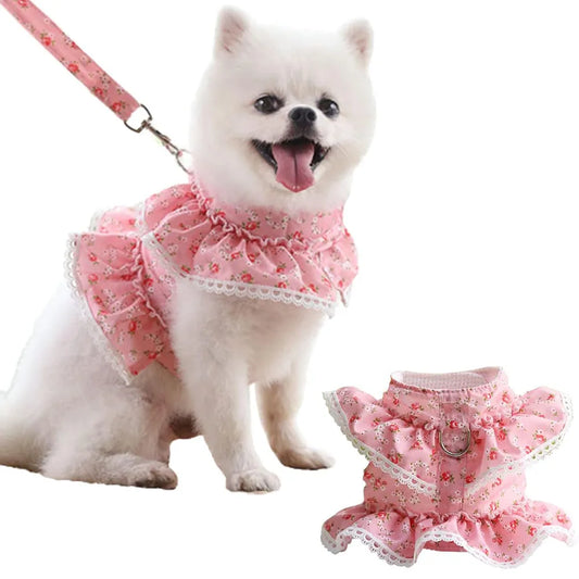 Pink Flower Puppy Harness Mesh Breathable Small Girl Dog Cat Vest Harness Cute Doggy Lace Dress Harness with Leash for Walking
