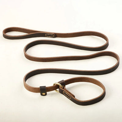 Pet Dog Flat Slip Lead British Style Durable Real Leather Dog Leash Smooth Adjustable Dog Slip Loop Lead for Walking & Showing