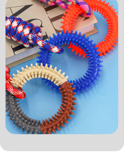Interactive Training Dog Toys for Small Medium Dogs Rubber Spiked Ring with Rope Chewing Toys Dog Teeth Cleaning Pet Supplies