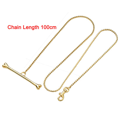 Stainless Steel Cuban Chain Dog Leash for Small Medium Large Dogs, 3ft Strong Chew Proof 18K Gold Dog Rope Chain with Bone Hand
