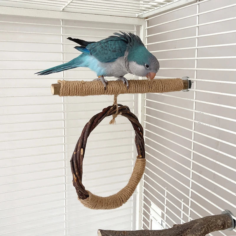 Natural Apple Tree Wood Bird Hanging ring swing Stand Pet Parakeet Budgie Hanging Play Toy Bird Cage Parrot Wooden Desk Holder