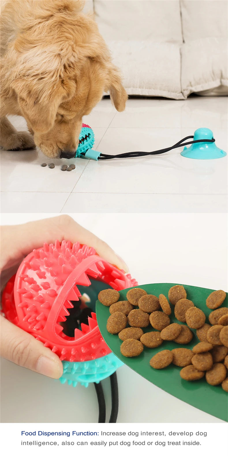 Dog Tug of War Toy Chew Toy Slow Feeder Food Dispenser Sounding Interactive Toy Firmly Suction Cup Toothbrush Durable Molar Ball