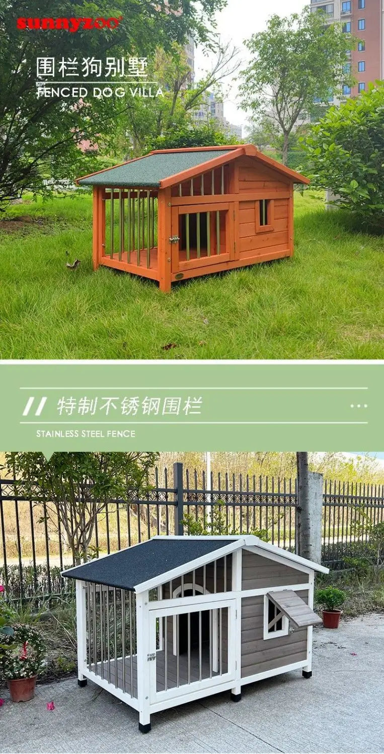 IGH Dog House Outdoor Rainproof Dog Villa Wooden Kennel Small to Medium Kennel Stainless Steel Fence Cat Cage Outdoor Dog