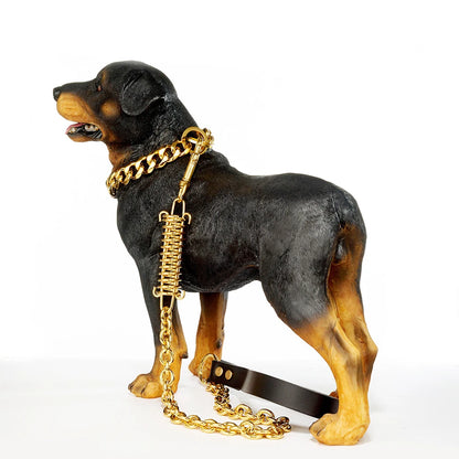 Stainless Steel Dog Chain Leash Cuban Link Luxury Gold Chain Buffer Spring Labor-Saving Genuine Leather Handle for Large Dogs