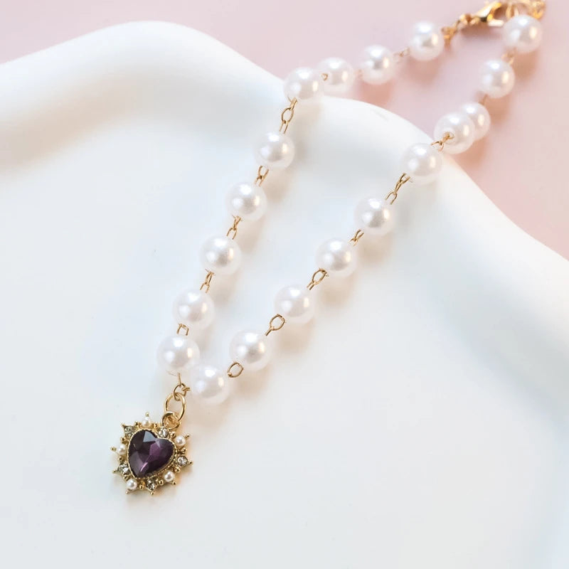 Pearl Chain Accessories for Cats Zircon Heart Pet Products Small Medium Puppy Neck Wear Wedding Birthday Gift Pet Dog Collar