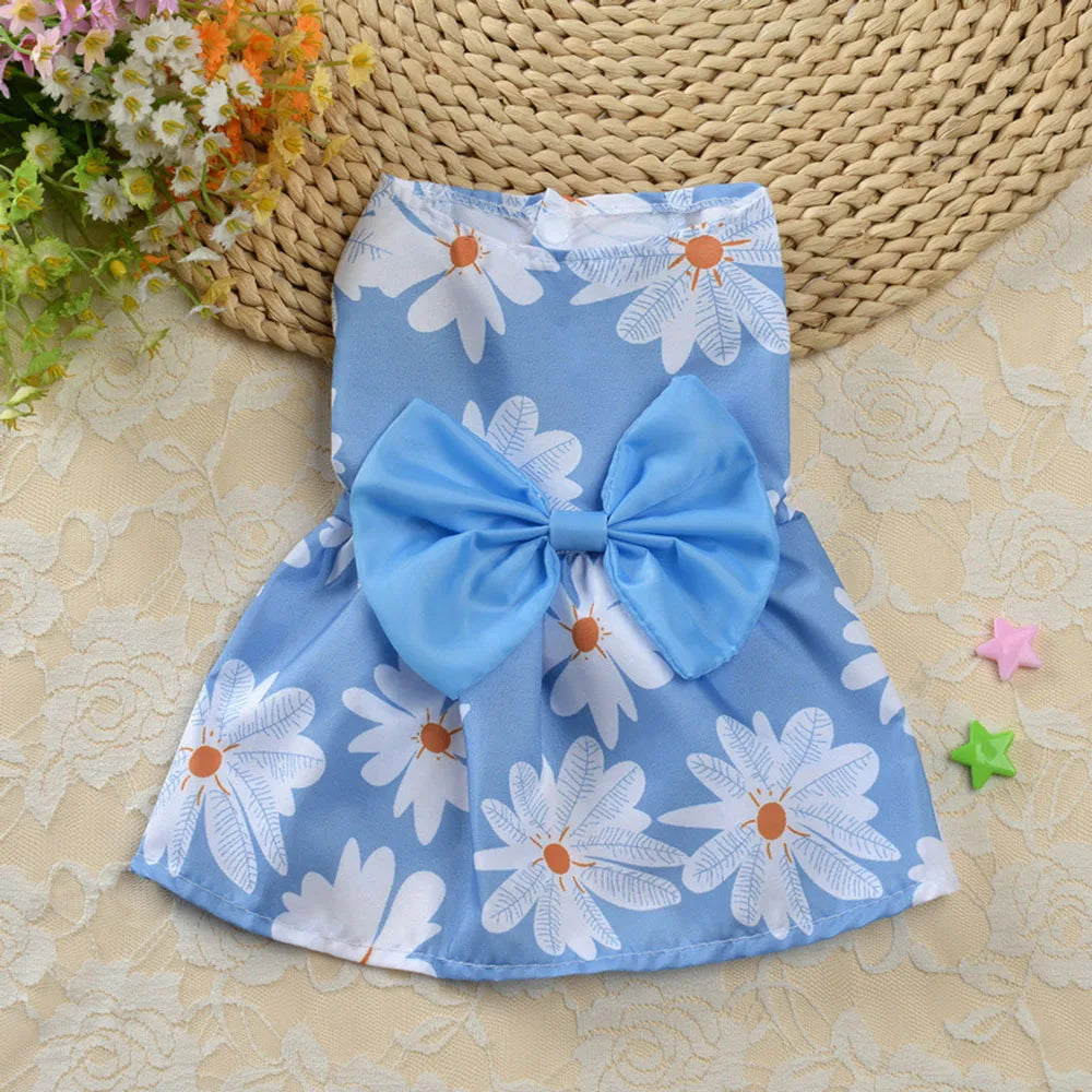 Dog Princess Dress Cute Print Puppy Dresses with Bowknot Sweet Cat Skirt Summer Thin Pet Wedding Party Chihuahua Doggies Clothes