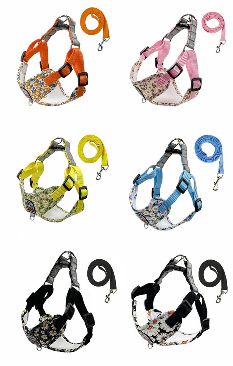 Floral Print Puppy Medium Dog Harnesses and Leash Set Reflective Pet Harness Vest for Small Dogs French Bulldog Shiba Inu Leads