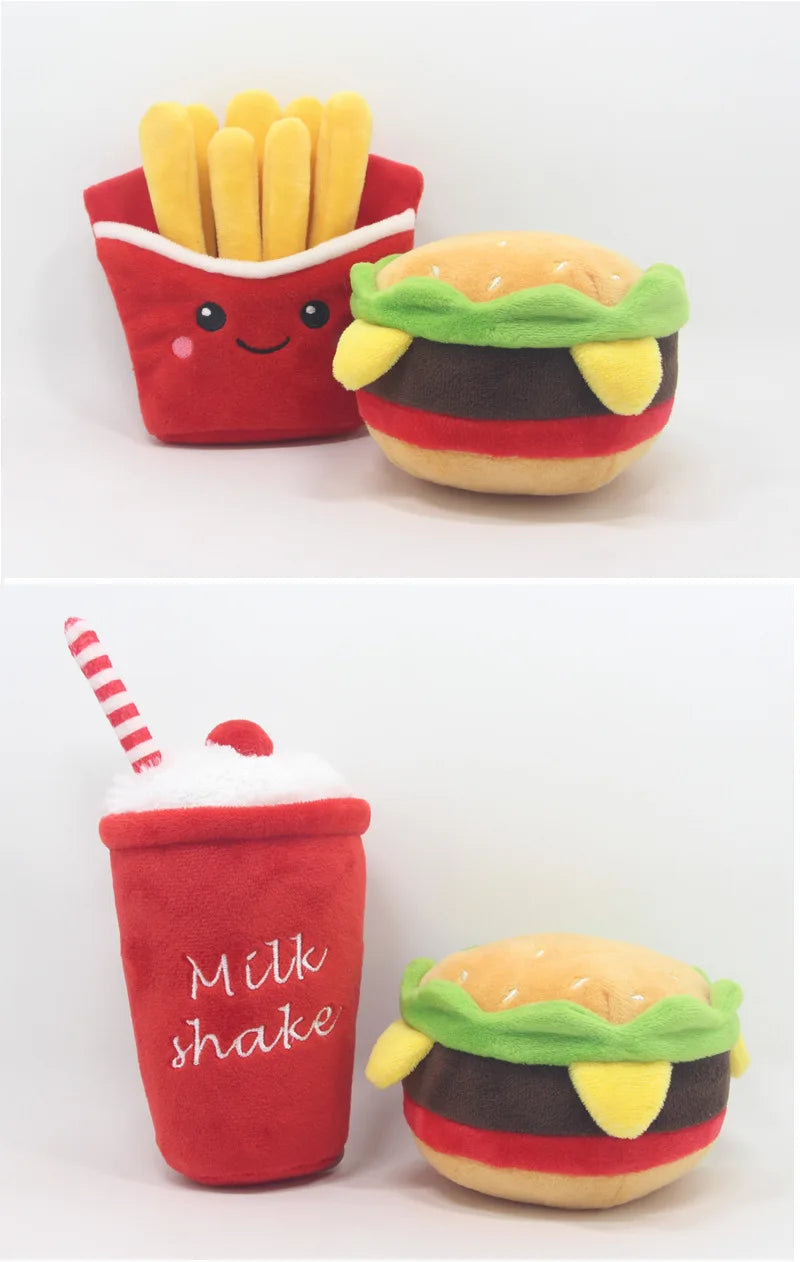 Hamburger pet plush toy sound toy fries burger milkshake cup with BB sound paper
