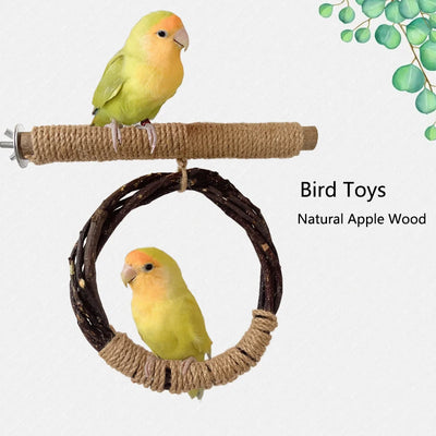 Natural Apple Tree Wood Bird Hanging ring swing Stand Pet Parakeet Budgie Hanging Play Toy Bird Cage Parrot Wooden Desk Holder