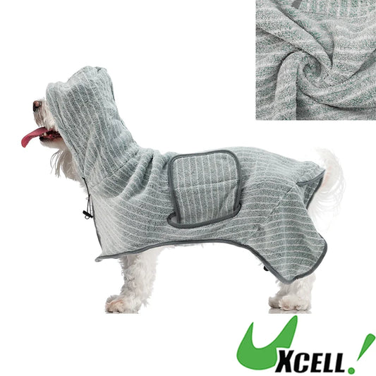 UXCELL Dog Bathrobe Pet Hooded Drawstring Towel Casual Striped Soft Dog Bath Towel Absorbent Dog Coral Fleece Coat Bath Robe
