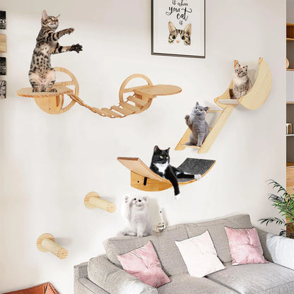 1 Piece Cat Tree Wall Mounted Cat Climbing Bridge with Scratching Post and Cat Hammock Sisal Ladder for Kitten Playing and Rest