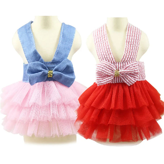 Princess Dog Dress for Small Dogs, Chihuahua Yorkie Layer Stripe Mesh Tutu Skirt Puppy Summer Clothes Pet Bowknot Dresses