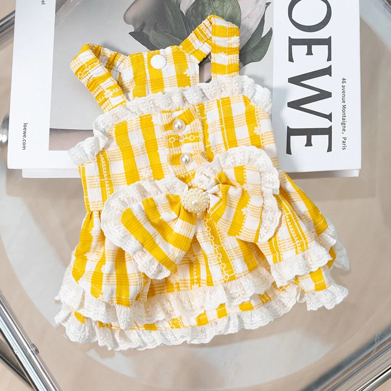 Princess Lattice Dog Fancy Dress Lace Bow Tie Vest Skirt Clothing for Cats Pearl Female Puppy Overalls Lovely Pet Dog Clothes