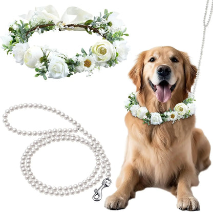 Elegant Dog Wedding Flower Collar and Leash Set for Medium Dogs,Dog Wedding Attire Wreath Bow Pearl Leash Pet Wedding Photo Prop