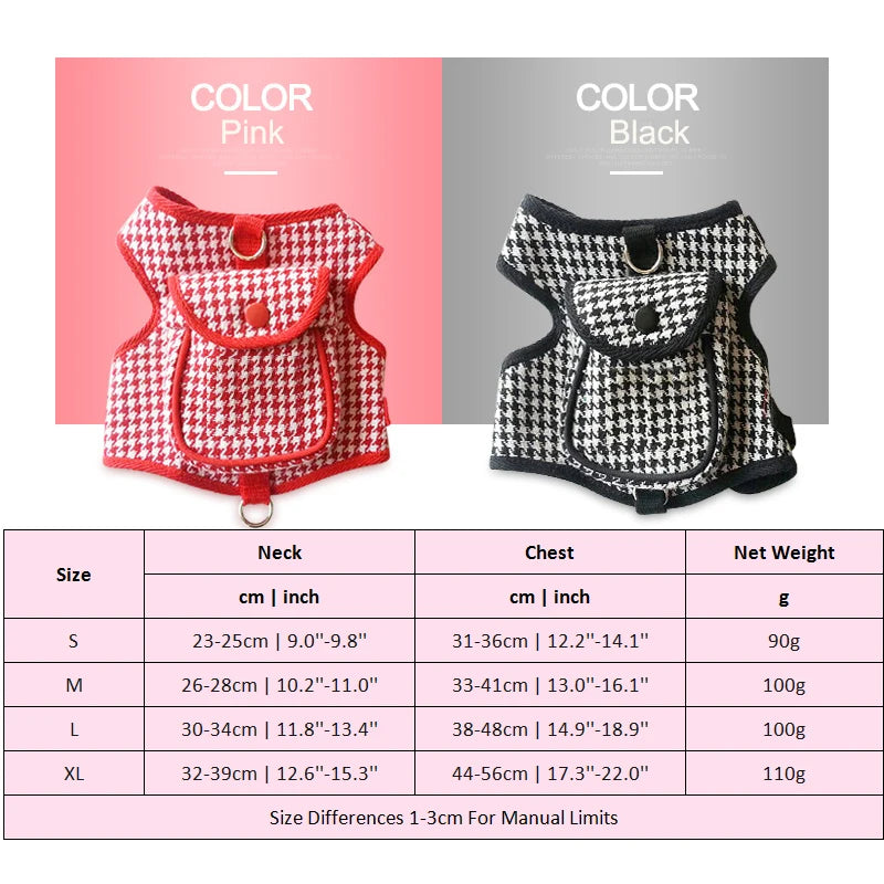 Houndstooth Small Vest PetDog Backpack Harness With Pocket Leash Lead Set Outdoor Pet Collar Walking Puppies Cats Carrier Bags
