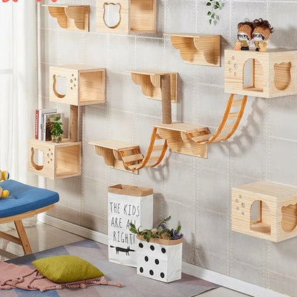 Wall-Mounted Cat Climbing Shelves Toy Wooden Sisal Ladder Climbing Cat Perch Wooden Steps Scratching For Sleeping Pet Furniture