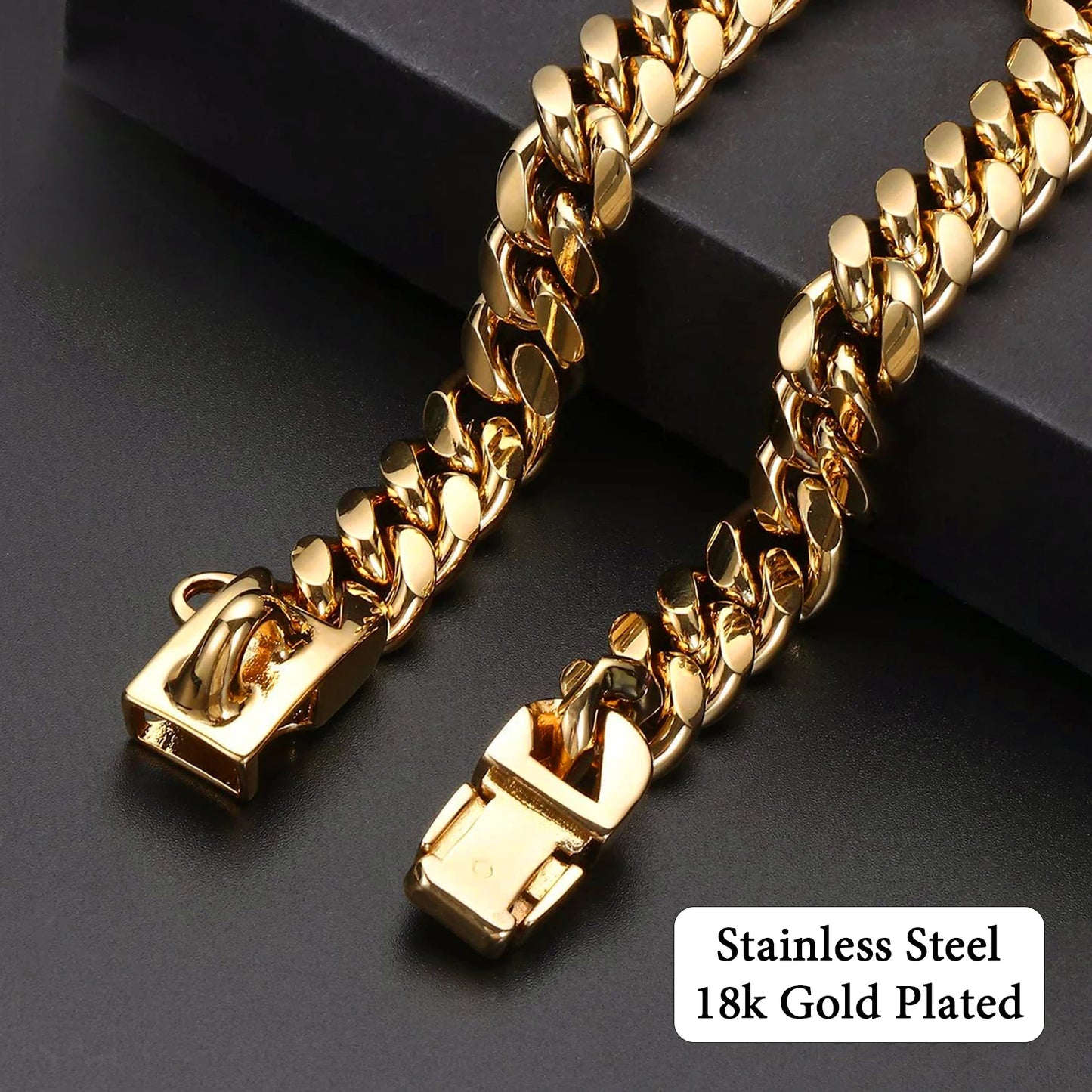 Strong Stainless Steel Dog Collar Choke with Safety Buckle Lock Golden Cuban Link Chain Metal Necklace Training Collar for Pets