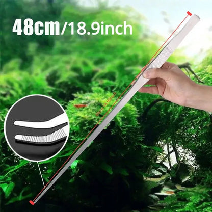 18.9in Stainless Steel Tweezers Fish Tank Aquatic Plants Aqaurium Tool Water Plant Curved Pliers Birds Reptile Feeding Tongs