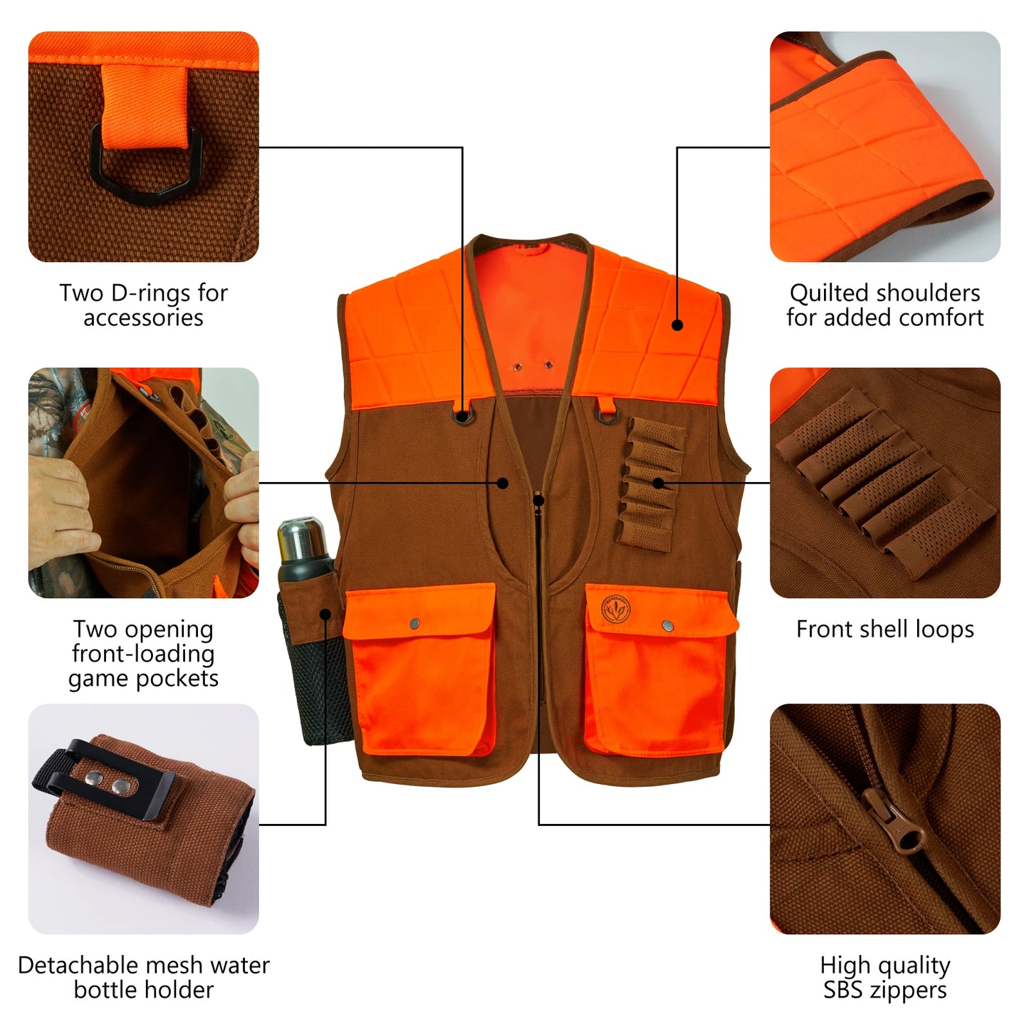 Bassdash Unisex Upland Game Field Water-Resistant Bird Hunting Vest with Multi Pockets Brown/Orange Men Women FV11