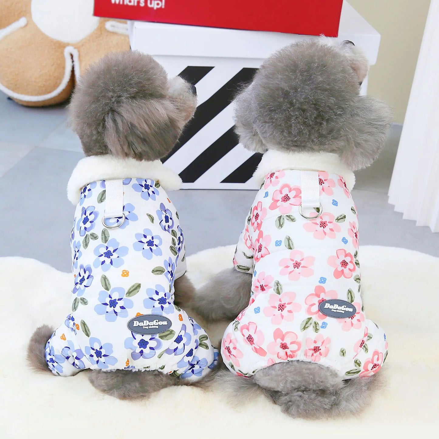 Thicken Warm Padded Dog Jumpsuit for Small Dogs, Chinese Style Floral Pattern Pet Costume Sherpa Lined Dog Winter Clothes
