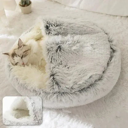 Long Soft Plush Round Cat Bed Comfortable Warm For Small Dogs Winter Sleep Bag Cats Nest Round Semi Enclosed Plush Pet Cat Bed