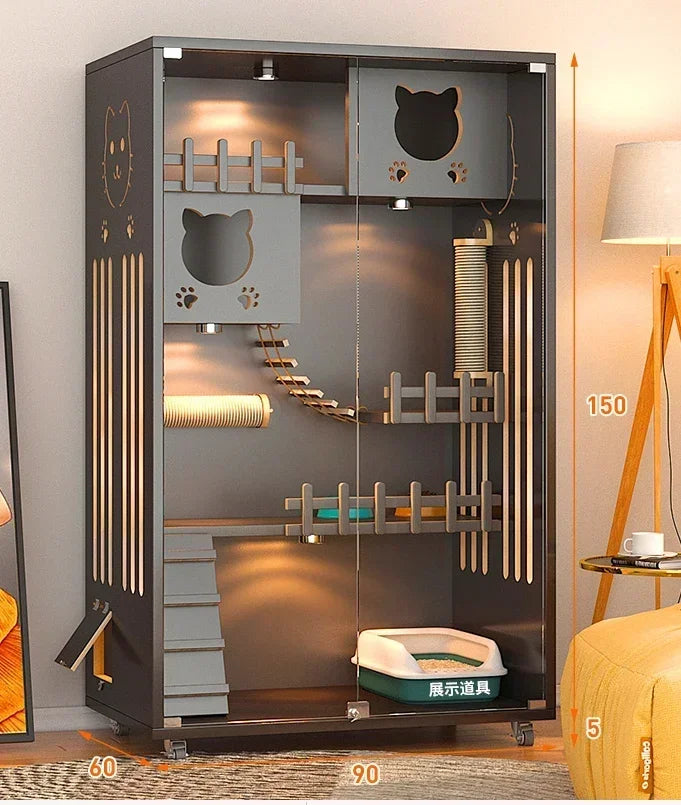 Retro Solid Wood Cat Cage for Living Room Cat House Two-layer One-piece Movable Light Luxury Creative  Cage for Cats