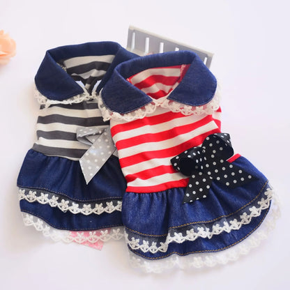 Puppy Dog Pet Stripe Costume Princess Dress Lace Pleated Lapel Stripe Bownot Princess Dress Denim Skirt XS-L Pet Supplies