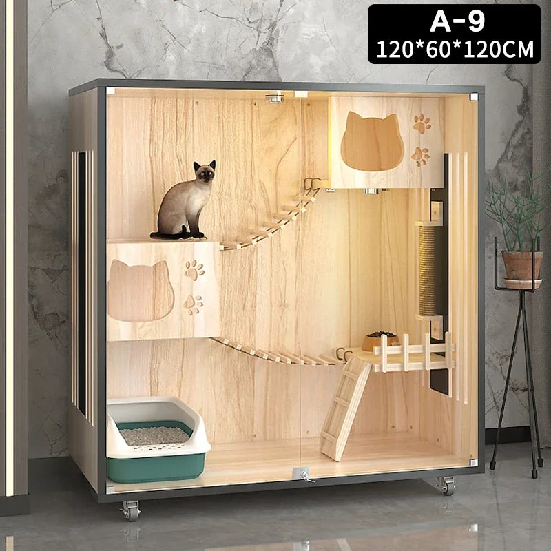 Amazon New Arrive Luxury Wood Cat Villa Bed Wooden Pet Cage Cat Showcase Cattery Cat House For Amazon