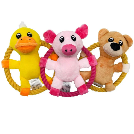 Squeaky Dog Toys for Small Medium Dogs, Pig Duck Bear Shape Puppy Teething Toy with Cotton Rope Animals Plush Interactive Toy