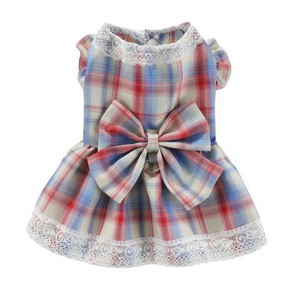 Plaid Dog Dress Bowtie Harness Dress for Small Dogs Cats Girl Cute Lace Trim Princess Dresses Spring Summer Puppy Rabbit Clothes