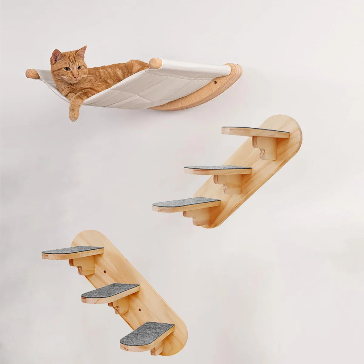 Cat Tree Tower Wooden Cat Climbing Shelves Cat Hammock Safe Perch Detachable & Easy-cleaning Wall Mounted Ladders Pet Furniture