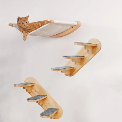 Cat Tree Tower Wooden Cat Climbing Shelves Cat Hammock Safe Perch Detachable & Easy-cleaning Wall Mounted Ladders Pet Furniture