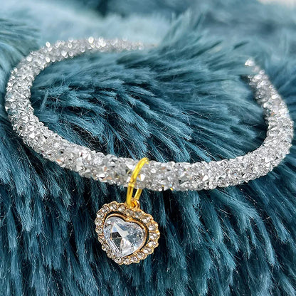 Soft Puppy Cat Collar with Heart Diamond Pendant Adjustable Luxury Reflective Bling Rhinestone Collar Crystal for Cats Small Dog