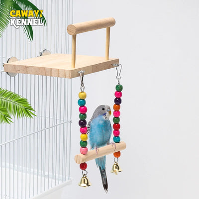 CAWAII KENNEL Pet Bird Swing Toy Wooden Parrot Perch Stand Playstand with Chewing Beads Cage Playground for Budgie Birds