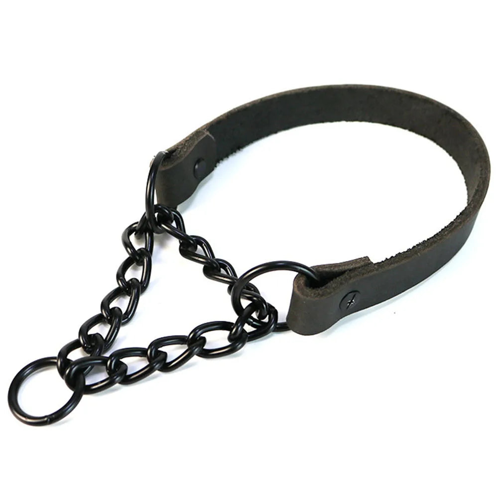 Dog Choke Collar Genuine Leather Dog Collar Dog Choking Chain Collar Stainless Steel Chain No Pull Dog Leather Training Collar